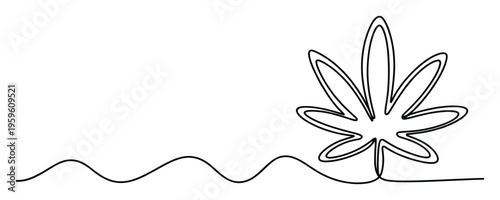 A sleek continuous line drawing depicting a stylized cannabis leaf emerging from a fluid wavy line, perfect for modern wellness branding, herbal product packaging, or medical marijuana