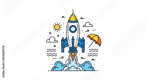 A colorful vector graphic illustration of a rocket ship launching into the sky with clouds and sun