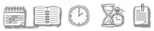 Collection of line icons representing essential productivity and time management tools including a calendar, notebook, clock, hourglass, stopwatch, and documents, useful for illustrating