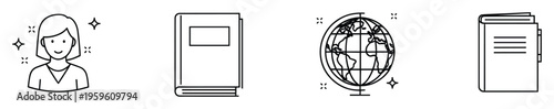 Collection of line icons depicting a happy woman, a knowledge book, a world globe, and an open notebook, ideal for education and learning related projects