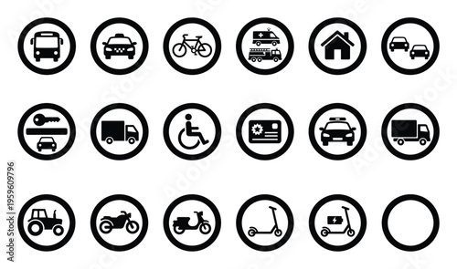 Essential round black and white pictograms featuring a wide range of transportation vehicles like bus, taxi, bicycle, truck, and specialized services for public information and navigation