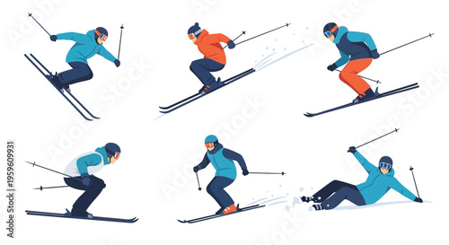 Dynamic illustration of skiers in various poses capturing the thrill of downhill skiing