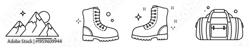 Minimalist line icons for outdoor recreation featuring sturdy hiking boots, majestic mountains with sun, and a durable travel duffel bag, ideal for tourism promotions.
