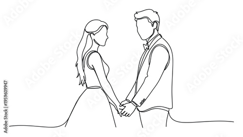 A loving couple stands holding hands in elegant formal wear rendered in a minimalist continuous line drawing ideal for wedding invitations and romantic anniversary promotions