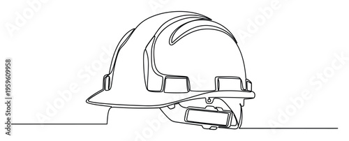 Continuous line drawing of a durable construction hard hat used for worker safety and protection on job sites or industrial environments