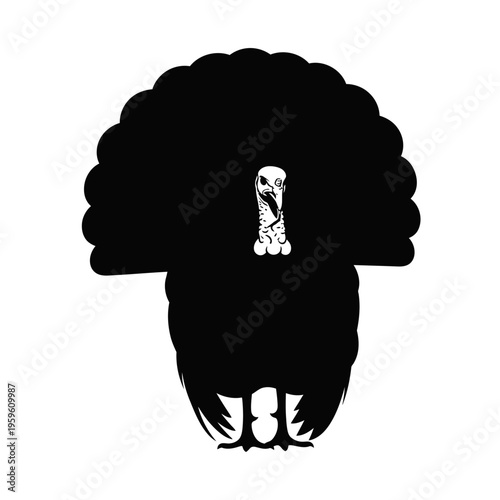 Monochrome Silhouette of a Turkey with Detailed Head and Feathers.