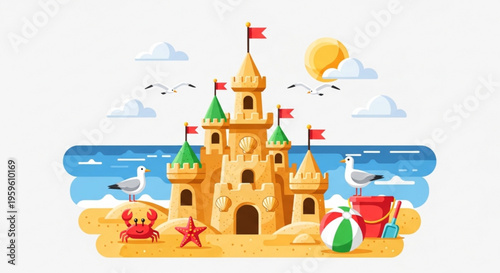 A colorful vector illustration of a sandcastle on a sunny beach with seagulls and beach toys