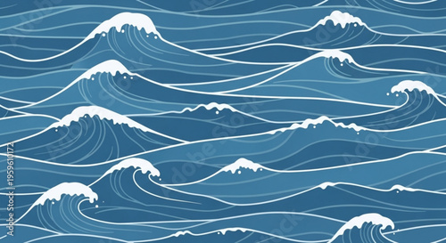 A vector graphic illustration of ocean waves in a flat, minimalist style with a blue and white color scheme.