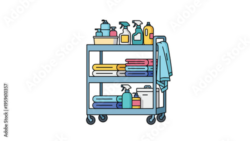 Professional cleaning trolley loaded with various detergent spray bottles, folded towels, and sanitation equipment on wheels.