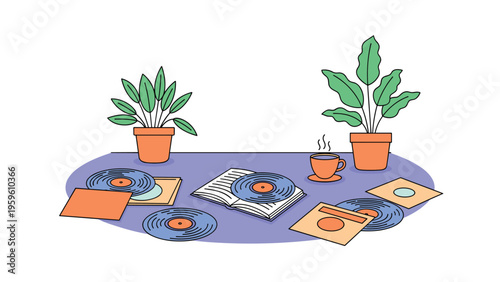 Relaxing scene of a purple table covered with vinyl records, an open book, a cup of hot coffee, and two green plants.