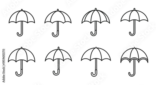 Eight simple line drawing illustrations of closed umbrellas in various positions
