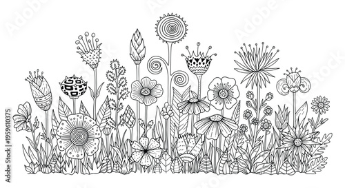 A whimsical garden of diverse imaginary blooming plants and unique floral compositions perfect for childrens books, greeting cards, or decorative projects
