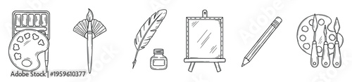 Hand drawn black and white outline icons featuring a comprehensive set of fundamental drawing and painting instruments for visual projects and educational content.
