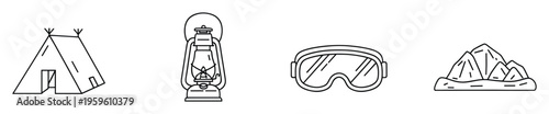 Versatile outdoor adventure gear collection featuring a traditional tent, vintage lantern, protective ski goggles, and majestic mountains ideal for wilderness exploration and travel projects
