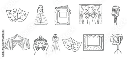 A versatile collection of outline icons depicting various theatrical elements and performance equipment, perfect for entertainment industry projects, educational resources, or graphic