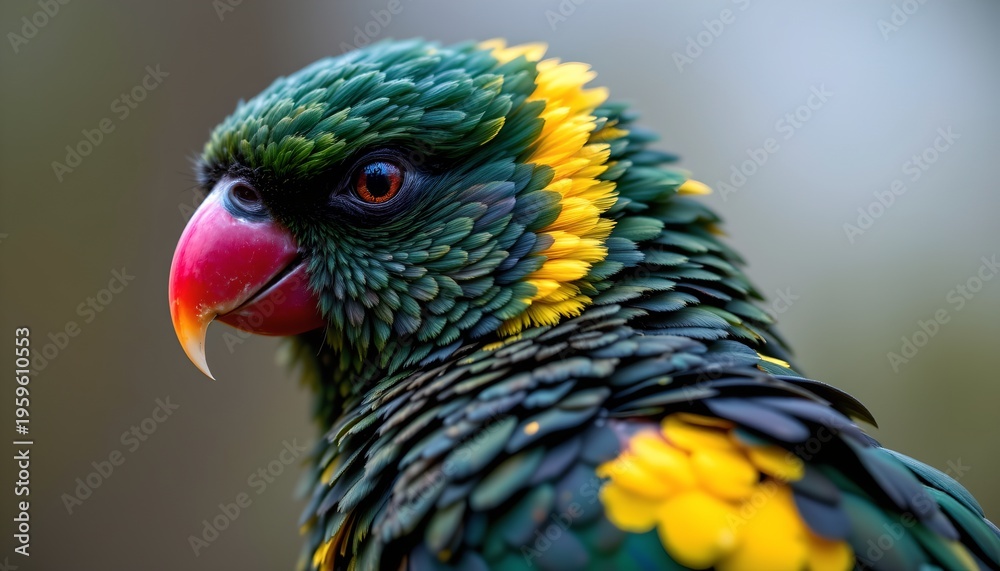 Fototapeta premium The image features a close up of a brightly colored bird, highlighting its vibrant plumage and striking features