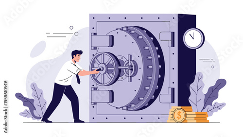 Professional man in a white shirt and tie turning the heavy steel wheel handle of a large bank vault door.