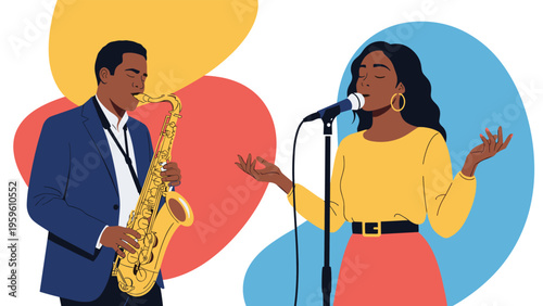 Musical duo consisting of a man playing a golden saxophone and a woman singing into a microphone on a stage.