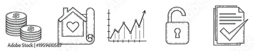 A collection of financial assets, real estate property, market growth trend, unlocked security symbol, and verified document for business planning and investment concepts