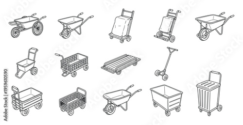 Various garden wheelbarrows, utility carts, and material handling trolleys in a detailed line art style perfect for equipment catalogs, construction project plans, or retail store layouts