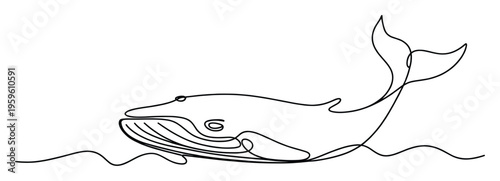Minimalist continuous line drawing of a majestic ocean whale with its powerful tail emerging from wavy water, perfect for educational materials and nature themed marketing campaigns