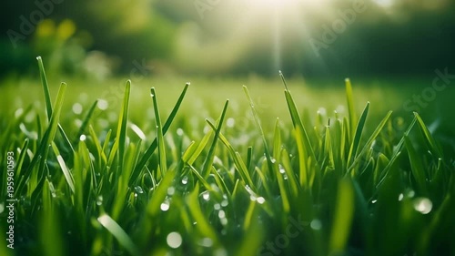 Fresh green grass with morning dew under sunlight in a natural outdoor setting