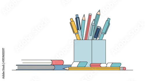 Stationery cup filled with a variety of blue, yellow, and red pens and pencils sitting next to books and erasers.
