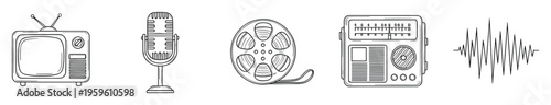 Classic media and communication device icons featuring an old television, vintage microphone, film reel, traditional radio, and a sound wave, great for historical content and entertainment