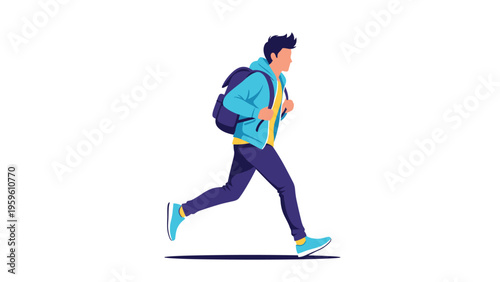 Dynamic illustration of a young man with a backpack running quickly as if late for school or work against a white background.
