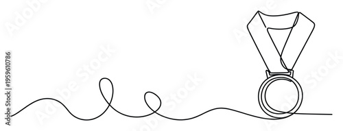 Continuous line drawing depicting an award medal with a ribbon, symbolizing achievement and success, ideal for promotions, sports events, and recognition programs