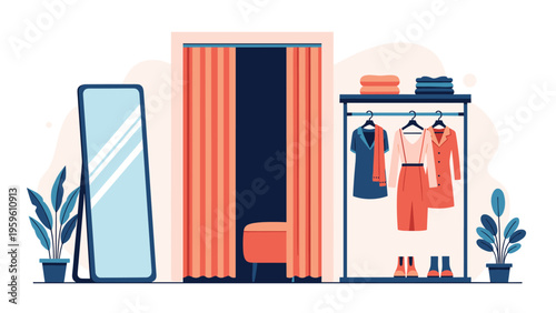 Neat and stylish clothing store interior featuring a fitting room with orange curtains, a long mirror, and a garment rack.