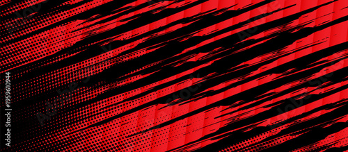 Abstract pattern of sharp black lines on red background, dynamic brush stroke effect, halftone texture, modern ed style.