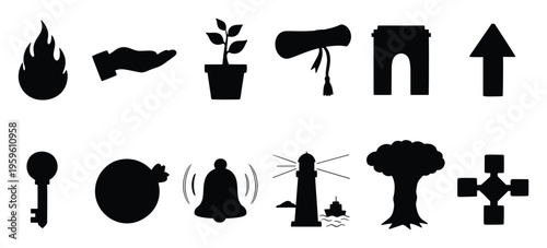 A versatile collection of universal solid black silhouette icons featuring diverse symbols for various applications in graphic projects and visual communication