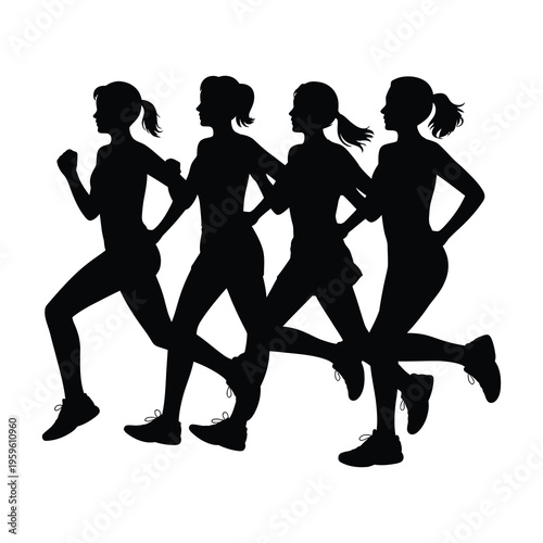 Vector of four women running together in a group during a training session