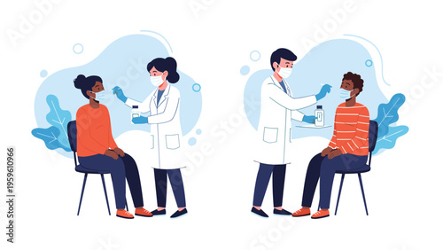 Medical professionals in white coats and face masks performing nasal swab tests on patients sitting in chairs.