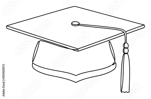 A black outline drawing of a classic graduation cap with a prominent tassel symbolizing academic success and higher education, ideal for school and university themed projects.