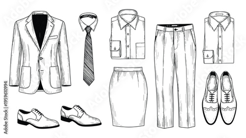 Professional business and formal wear garments featuring blazers, collared shirts, ties, dress pants, skirts, and dress shoes, perfect for corporate style guides and educational resources.