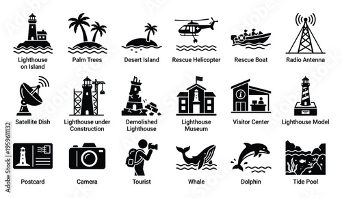 A comprehensive collection of black and white icons representing lighthouses, maritime rescue, sea life, and travel concepts perfect for creating engaging infographics, educational