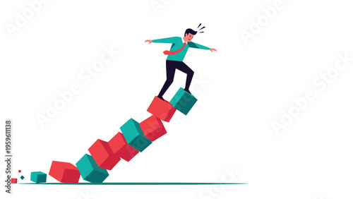 Stressed businessman trying to maintain balance while standing on top of a collapsing stack of red and green blocks.