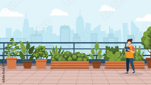 Young woman using a digital tablet while standing in her beautiful rooftop garden overlooking the city skyline at day.