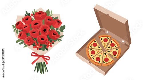 Beautiful bouquet of red roses wrapped in paper next to an open cardboard box containing a delicious pepperoni pizza.