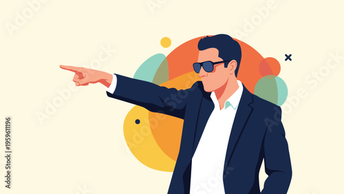Confident businessman wearing a suit and sunglasses pointing his finger towards the side on an abstract background.