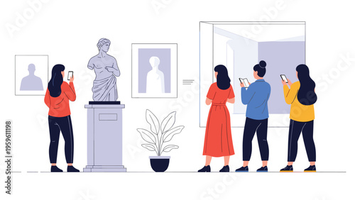 Group of diverse people visiting an art museum and looking at classic sculptures and paintings while using smartphones.