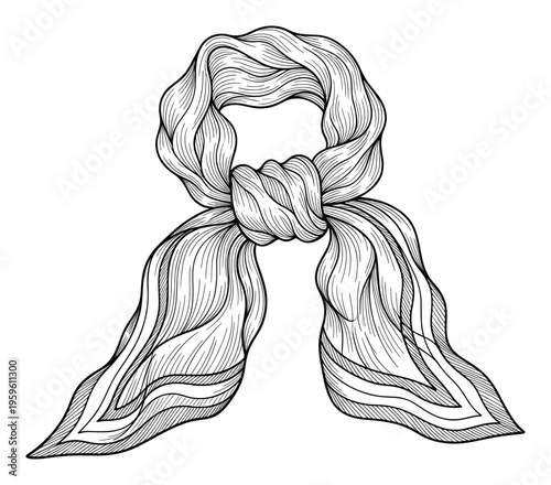 Elegant line drawing of a stylish tied scarf accessory, perfect for textile branding, apparel promotion, or fashion design graphics