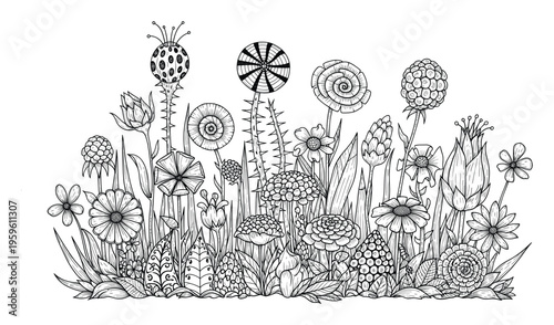 Intricate black and white drawing of diverse stylized botanical forms and imagined garden flowers with unique textures perfect for adult coloring books, educational printables, and