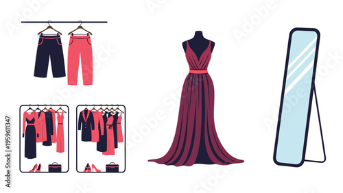 Selection of elegant evening dresses and formal outfits on racks next to a long mirror for a special event preparation.