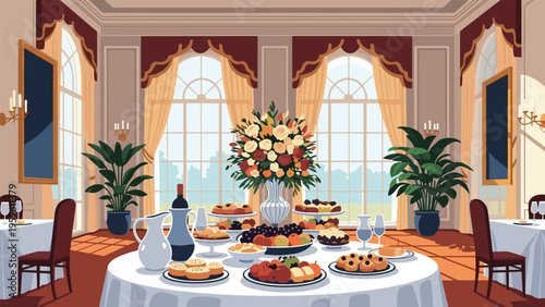 Grand banquet table filled with various appetizers, desserts and a large flower arrangement in a luxury palace hall.