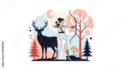 Greek goddess Diana standing with her bow and arrow next to a majestic stag in a forest during an autumn morning.