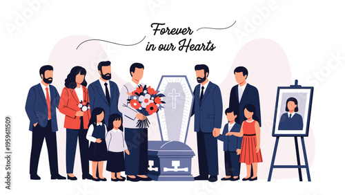 Sad group of family and friends gathered around a coffin at a funeral ceremony to say their final goodbye to a loved one.