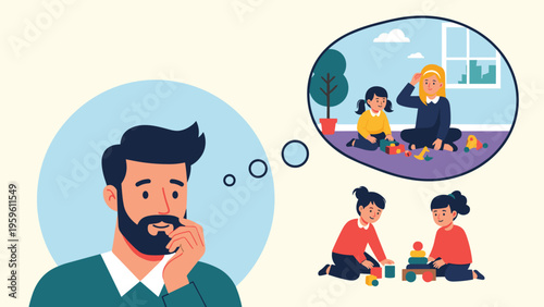 Bearded man daydreaming and reminiscing about happy childhood memories of playing with toys and his mother at home.